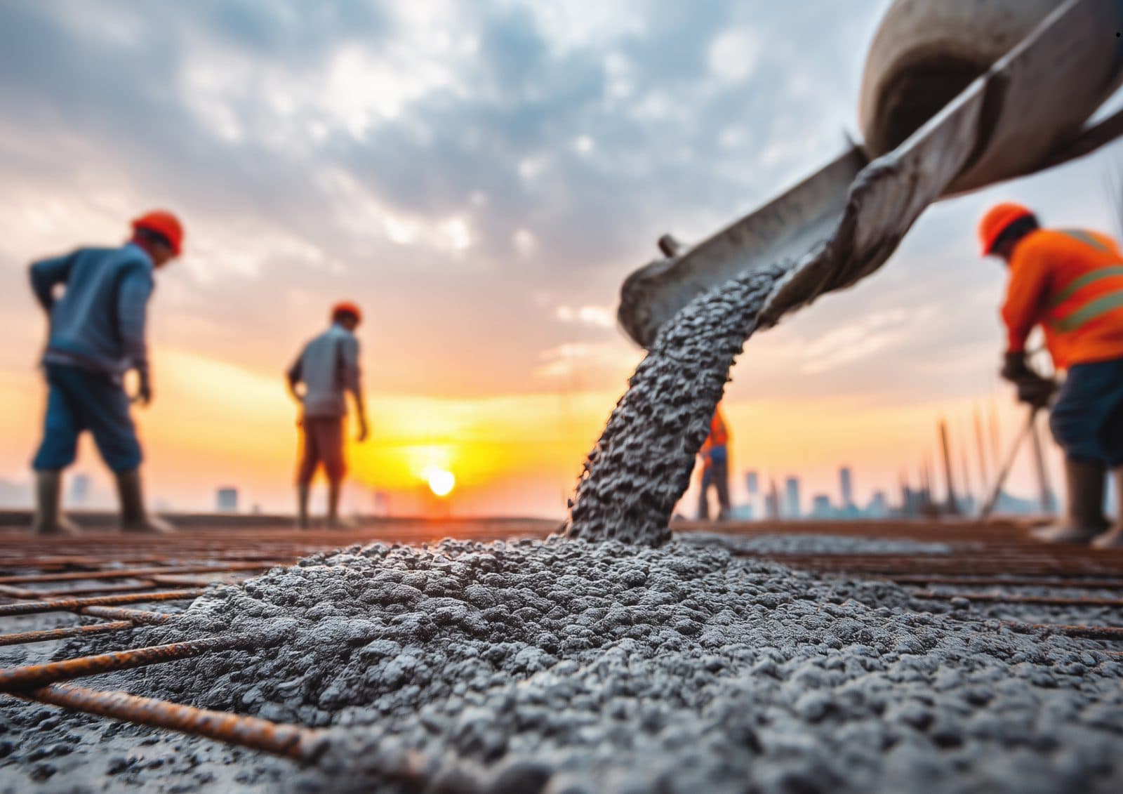 Concrete being poured at a construction site at sunset